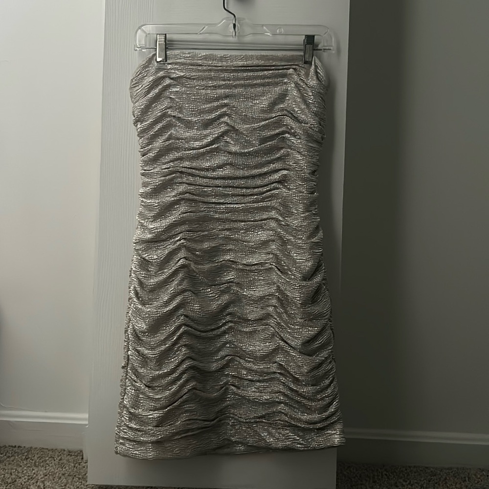 Shimmery Silver Strapless Bodycon Dress